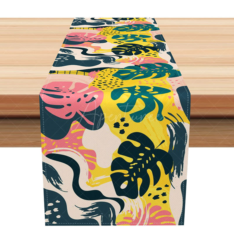Aperturee - Aperturee Abstract Art Table Runner with Painted Monstera Leaves Modern Botanical Decor for Kitchen and Dining