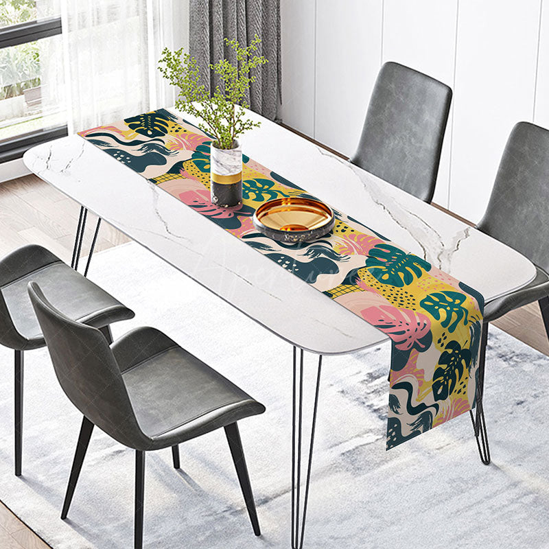 Aperturee - Aperturee Abstract Art Table Runner with Painted Monstera Leaves Modern Botanical Decor for Kitchen and Dining