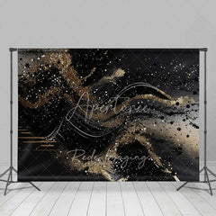 Aperturee - Aperturee Abstract Black and Gold Fluid Waves Backdrop Glitter Art Photography Background Elegant Party Decorations