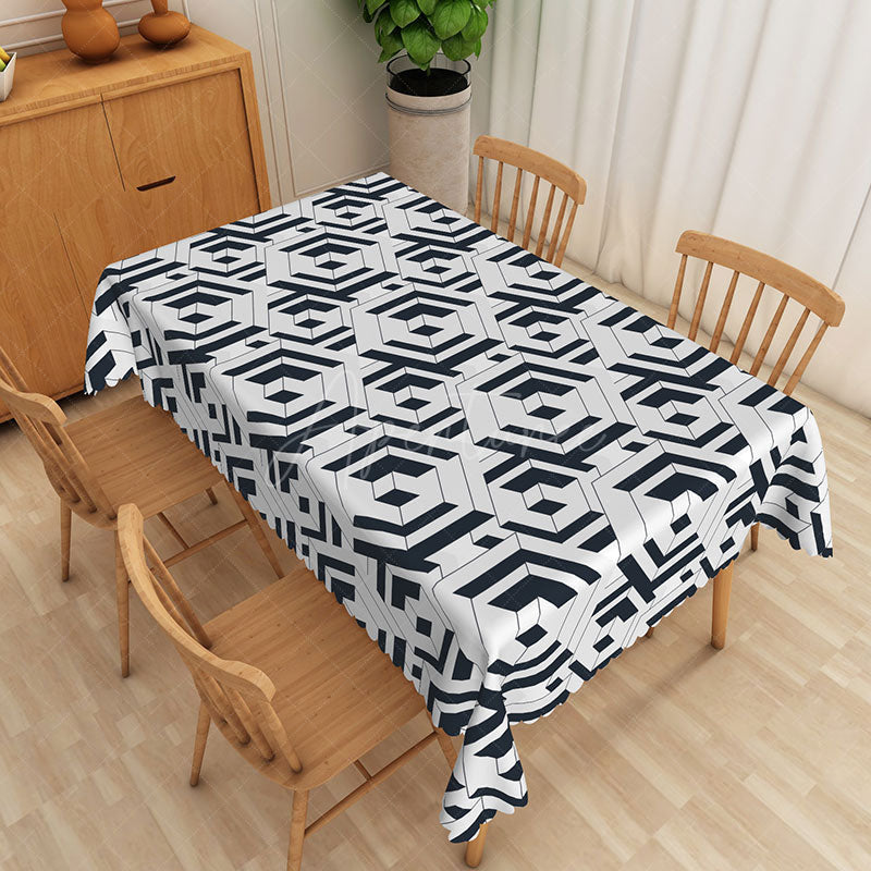 Aperturee - Aperturee Abstract Black and White Geometric Rectangle Tablecloth for Modern and Contemporary Dining Room Decor