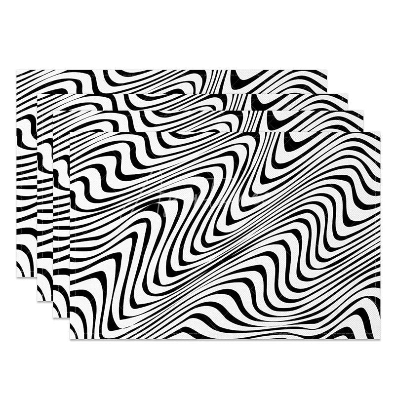 Aperturee - Aperturee Abstract Black and White Wavy Line Set of 4 Placemats for Modern Minimalist and Contemporary Dining