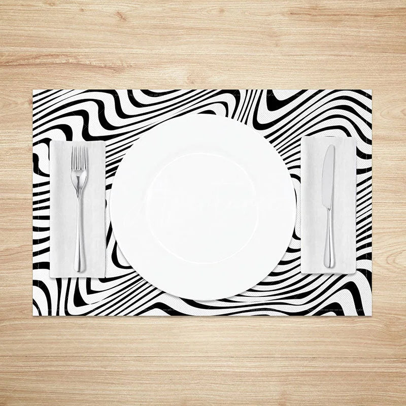 Aperturee - Aperturee Abstract Black and White Wavy Line Set of 4 Placemats for Modern Minimalist and Contemporary Dining