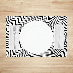 Aperturee - Aperturee Abstract Black and White Wavy Line Set of 4 Placemats for Modern Minimalist and Contemporary Dining