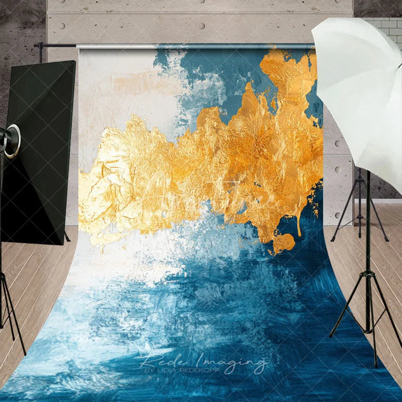 Aperturee - Aperturee Abstract Blue and Gold Foil Sweep Backdrop Elegant Artistic Texture for Party Modern Luxury Photo Background