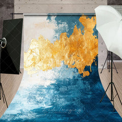 Aperturee - Aperturee Abstract Blue and Gold Foil Sweep Backdrop Elegant Artistic Texture for Party Modern Luxury Photo Background