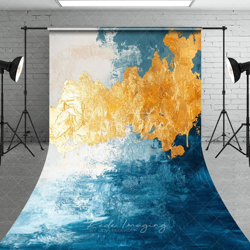 Aperturee - Aperturee Abstract Blue and Gold Foil Sweep Backdrop Elegant Artistic Texture for Party Modern Luxury Photo Background