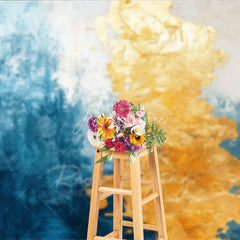 Aperturee - Aperturee Abstract Blue and Gold Textured Photography Backdrop with Artistic Brushstrokes Modern Studio Portrait Background