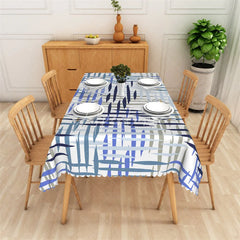 Aperturee - Aperturee Abstract Blue and Grey Brushstroke Pattern Rectangle Tablecloth Modern Artistic Dining and Event Decor