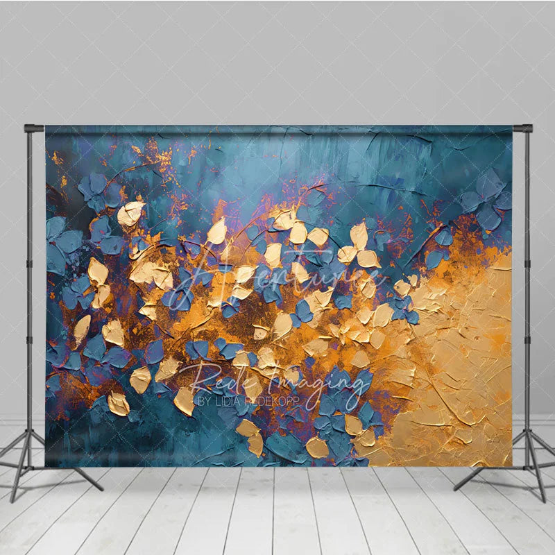 Aperturee - Aperturee Abstract Blue Gold Leaves Backdrop Dark Teal Plant Gold Foil Texture Background Artistic Photography Prop