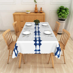 Aperturee - Aperturee Abstract Blue Tie Dye Pattern rectangle tablecloth with Scalloped Edge Modern Dining Table Decor for Home