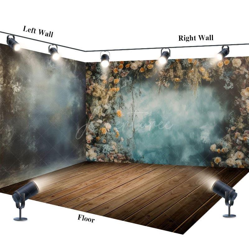 Aperturee - Aperturee Abstract Blue Wall Floral Wood Floor Room Set Backdrop