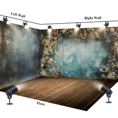 Aperturee - Aperturee Abstract Blue Wall Floral Wood Floor Room Set Backdrop