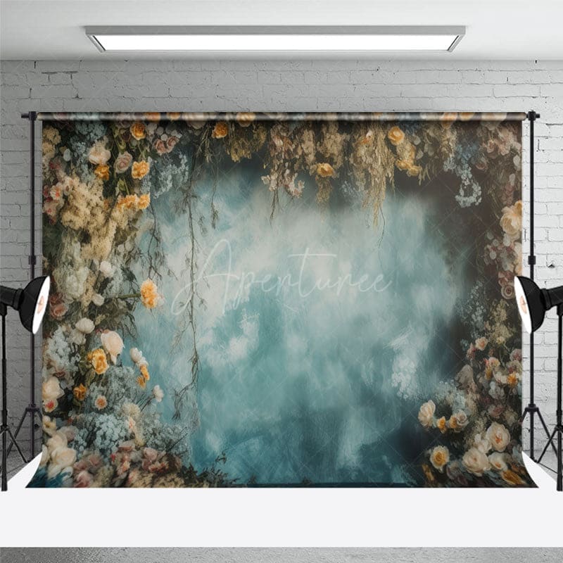 Aperturee - Aperturee Abstract Blue Wall Floral Wood Floor Room Set Backdrop