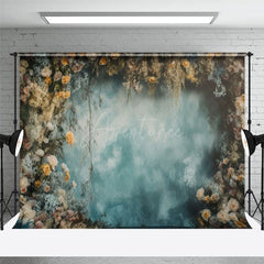 Aperturee - Aperturee Abstract Blue Wall Floral Wood Floor Room Set Backdrop