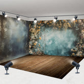 Aperturee - Aperturee Abstract Blue Wall Floral Wood Floor Room Set Backdrop