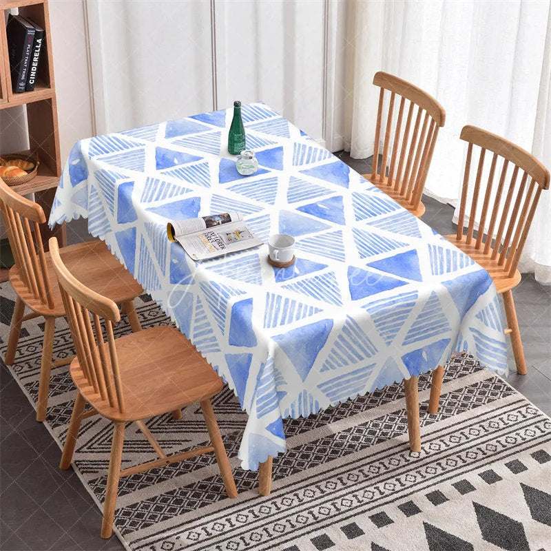 Aperturee - Aperturee Abstract Blue Watercolor Triangle Pattern Rectangle Tablecloth Scalloped Edge Home Dining Decor