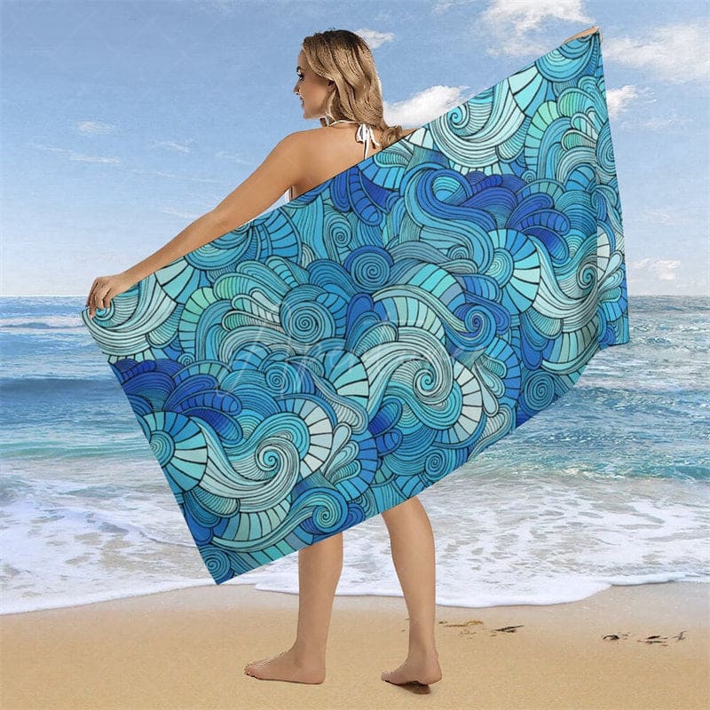 Aperturee - Aperturee Abstract Blue Waves Print Custom Name Beach Towel