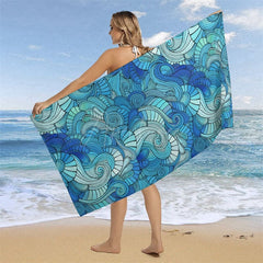 Aperturee - Aperturee Abstract Blue Waves Print Custom Name Beach Towel