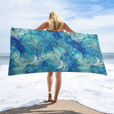 Aperturee - Aperturee Abstract Blue Waves Print Custom Name Beach Towel