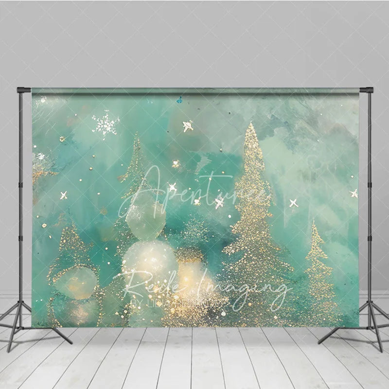 Aperturee - Aperturee Abstract Christmas Tree Photography Backdrop Gold and Teal with Bokeh Lights Modern Fine Art Holiday Decor