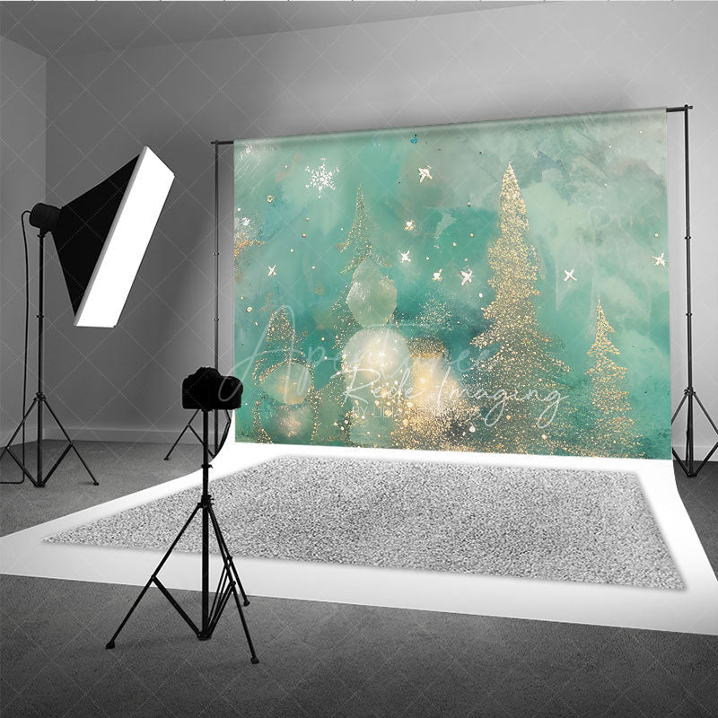 Aperturee - Aperturee Abstract Christmas Tree Photography Backdrop Gold and Teal with Bokeh Lights Modern Fine Art Holiday Decor