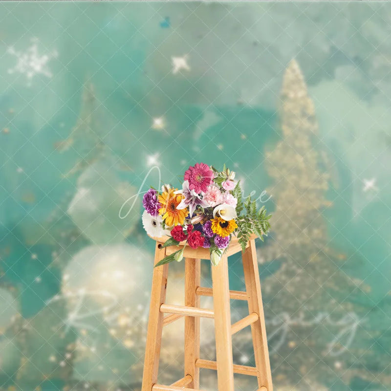 Aperturee - Aperturee Abstract Christmas Tree Photography Backdrop Gold and Teal with Bokeh Lights Modern Fine Art Holiday Decor