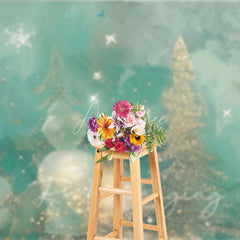 Aperturee - Aperturee Abstract Christmas Tree Photography Backdrop Gold and Teal with Bokeh Lights Modern Fine Art Holiday Decor