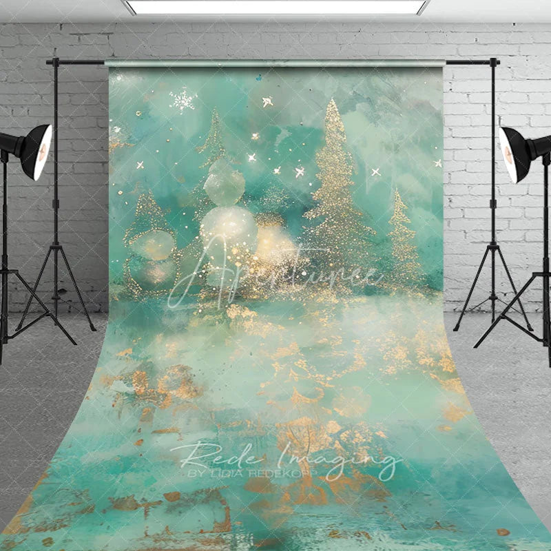 Aperturee - Aperturee Abstract Christmas Tree Sweep Backdrop Gold and Teal with Bokeh Lights Modern Fine Art Holiday Floor Drop