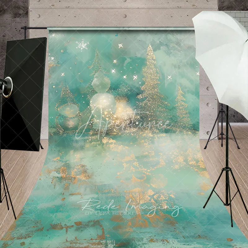 Aperturee - Aperturee Abstract Christmas Tree Sweep Backdrop Gold and Teal with Bokeh Lights Modern Fine Art Holiday Floor Drop