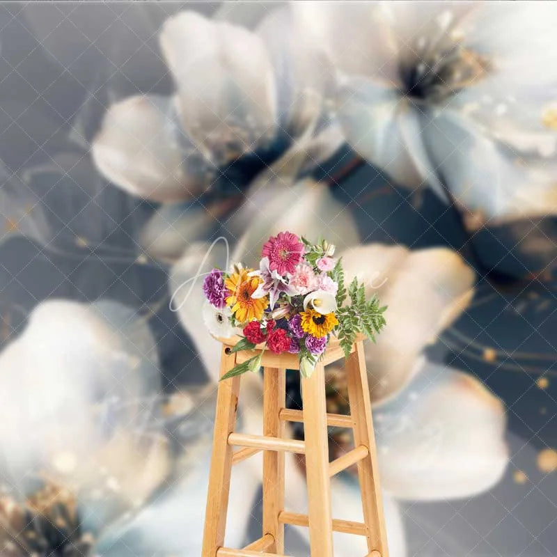 Aperturee - Aperturee Abstract Dreamy Floral Backdrop Translucent White Flower Photography Background Gold Dot Art Photo Booth Prop
