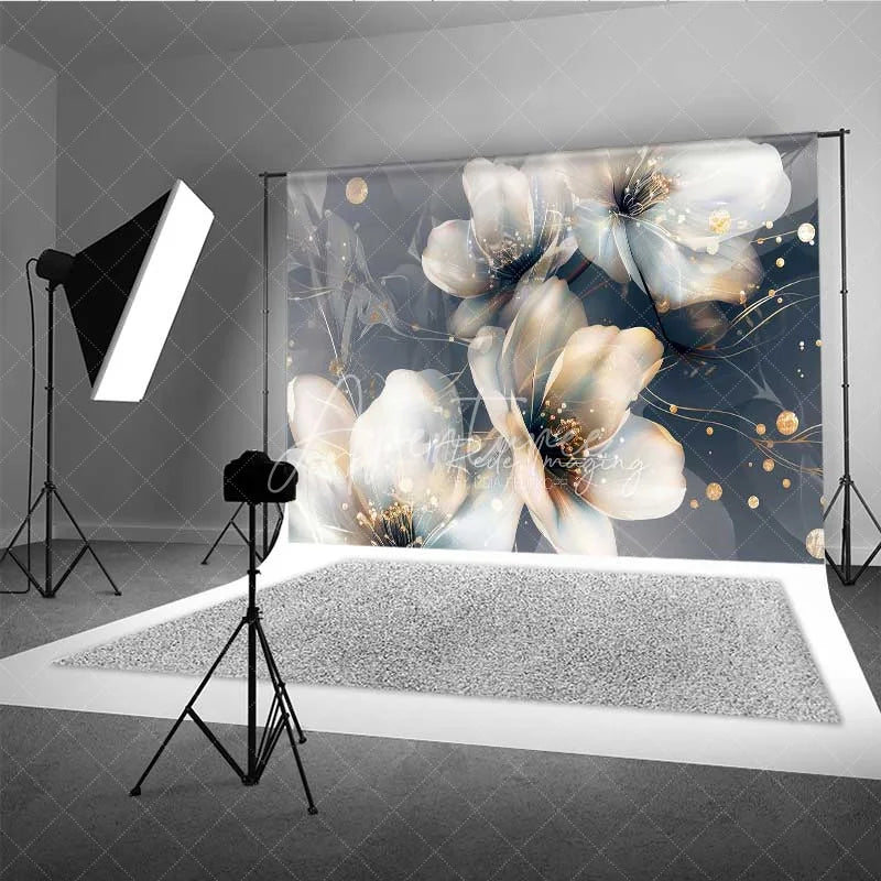 Aperturee - Aperturee Abstract Dreamy Floral Backdrop Translucent White Flower Photography Background Gold Dot Art Photo Booth Prop