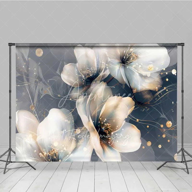 Aperturee - Aperturee Abstract Dreamy Floral Backdrop Translucent White Flower Photography Background Gold Dot Art Photo Booth Prop