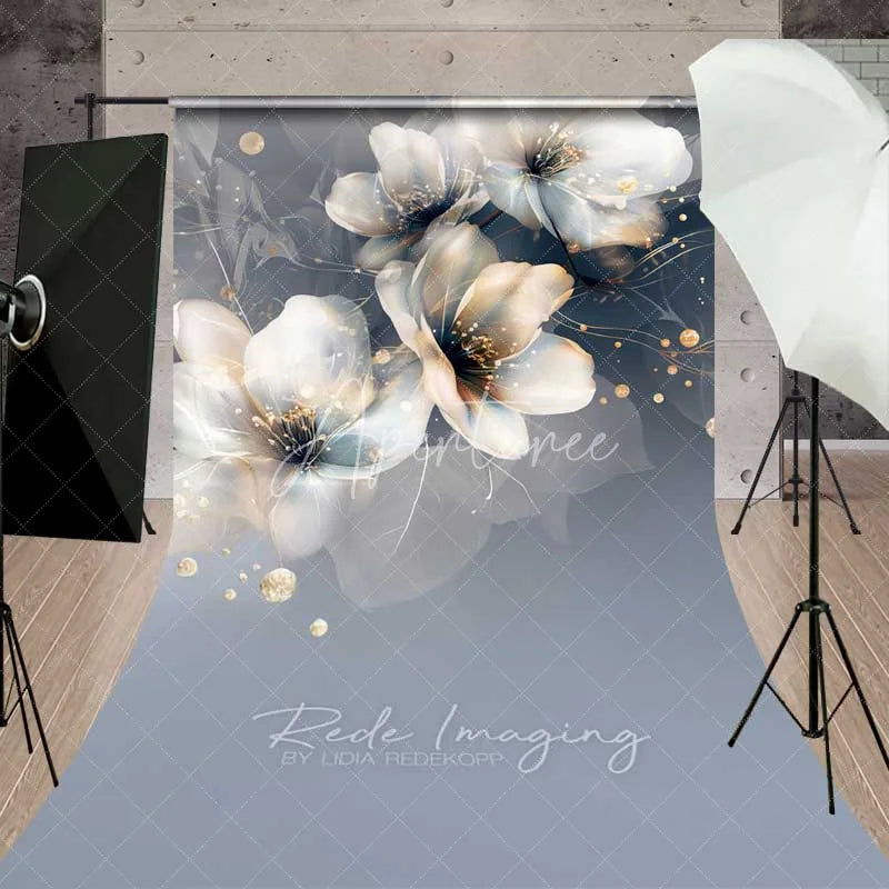 Aperturee - Aperturee Abstract Dreamy Floral Sweep Photo Backdrop Translucent White Flower Background Gold Dot Art Floor Prop