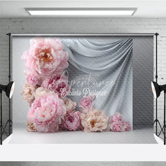 Aperturee - Aperturee Abstract Floral Backdrop Grey Drapes with Pink Peony Modern Minimalist Photography Background Prop