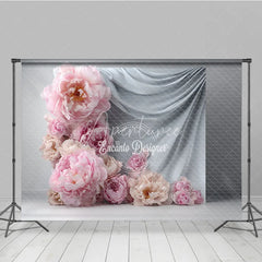 Aperturee - Aperturee Abstract Floral Backdrop Grey Drapes with Pink Peony Modern Minimalist Photography Background Prop