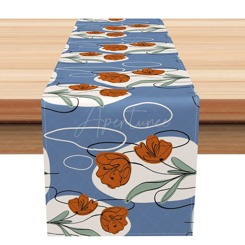 Aperturee - Aperturee Abstract Floral Table Runner in Blue White and Red for Patriotic Holiday and Summer Party Table Decor