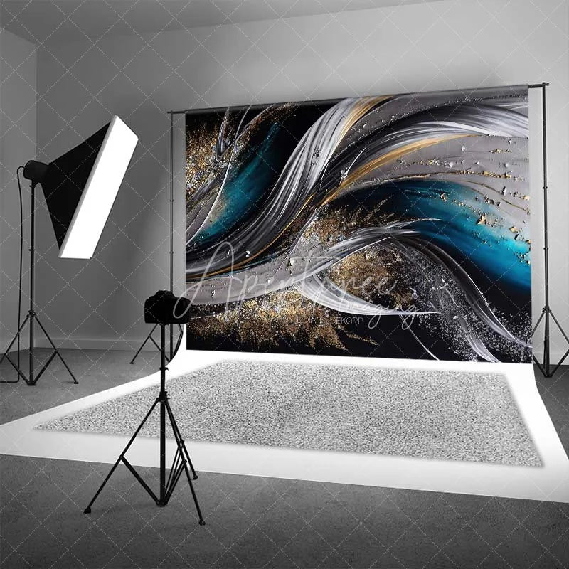 Aperturee - Aperturee Abstract Flowing Waves Fine Art Backdrop Dark Blue Silver Gold Glitter Studio Photography Background