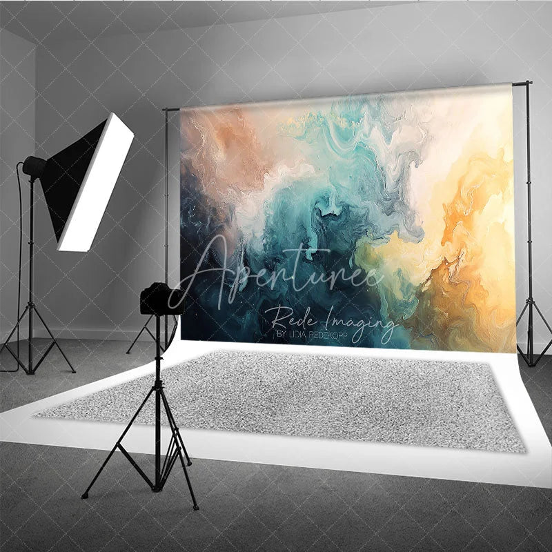 Aperturee - Aperturee Abstract Fluid Art Photography Backdrop Teal Blue Gold Brown Swirls Modern Studio Photo Booth Prop Decor
