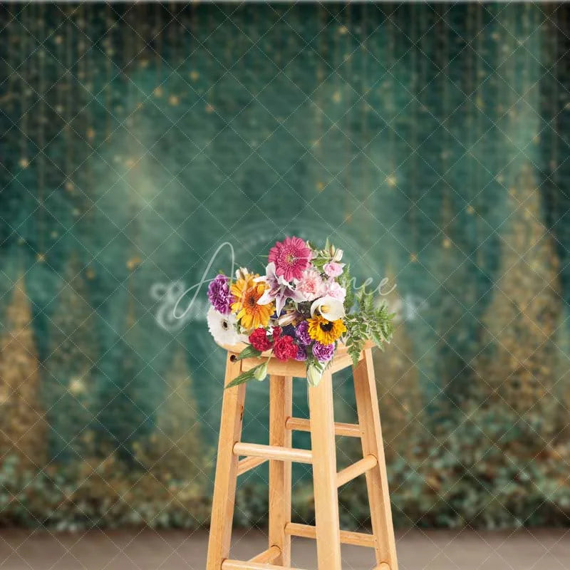 Aperturee - Aperturee Abstract Gold Glitter Forest Backdrop Dark Green Magical Rain Photography Background