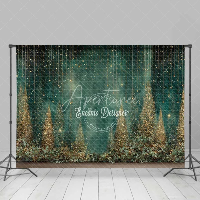 Aperturee - Aperturee Abstract Gold Glitter Forest Backdrop Dark Green Magical Rain Photography Background