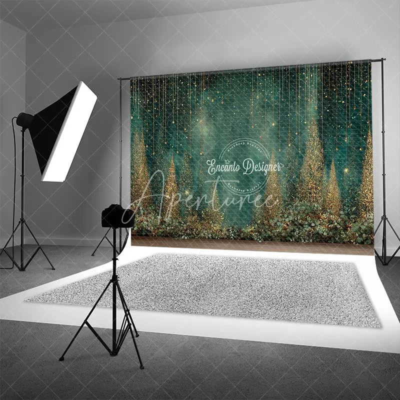 Aperturee - Aperturee Abstract Gold Glitter Forest Backdrop Dark Green Magical Rain Photography Background