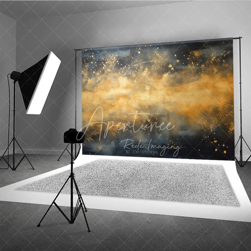 Aperturee - Aperturee Abstract Gold Splatter Dark Blue and Ochre Photography Backdrop Elegant Artistic Portrait Studio Prop