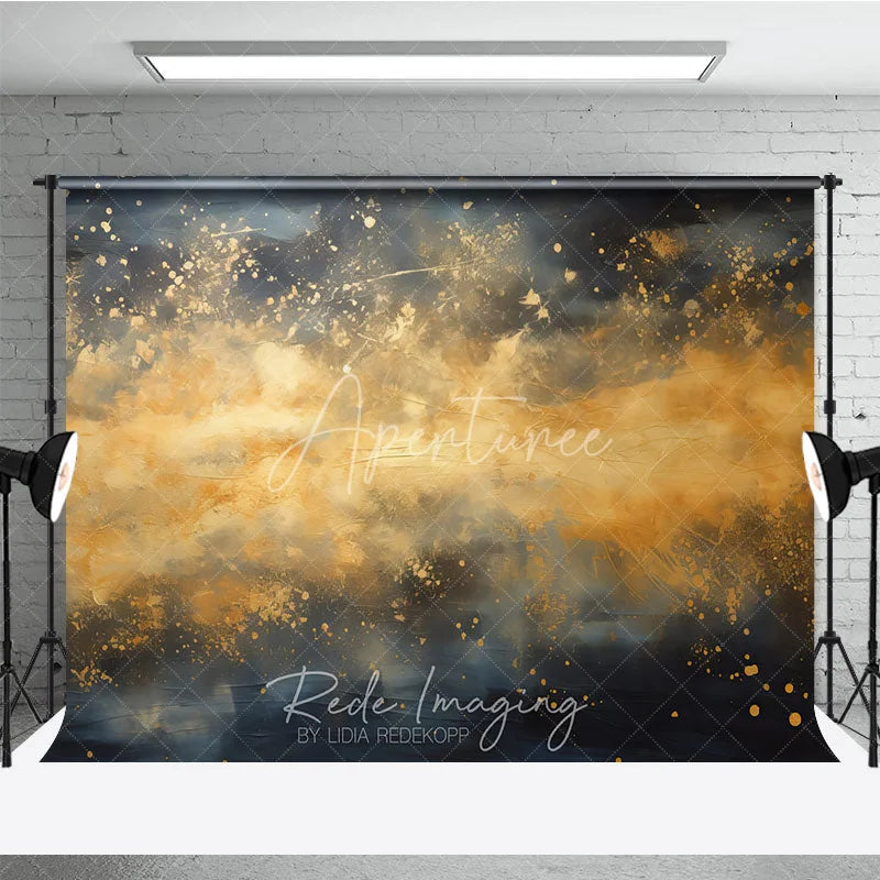Aperturee - Aperturee Abstract Gold Splatter Dark Blue and Ochre Photography Backdrop Elegant Artistic Portrait Studio Prop