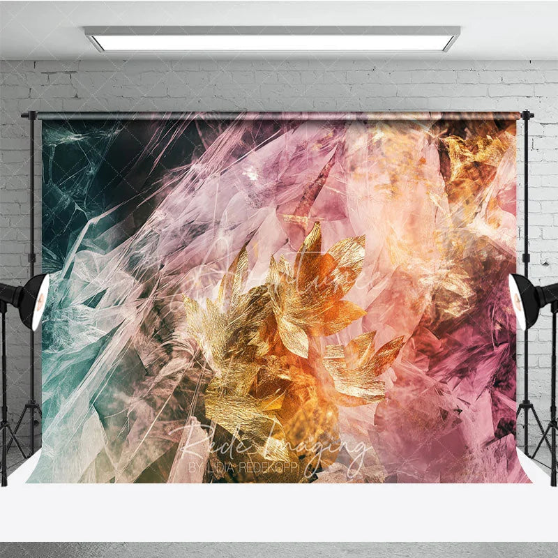 Aperturee - Aperturee Abstract Golden Leaves Photography Backdrop Elegant Teal Pink Gradient Ethereal Texture for Artistic Portraits