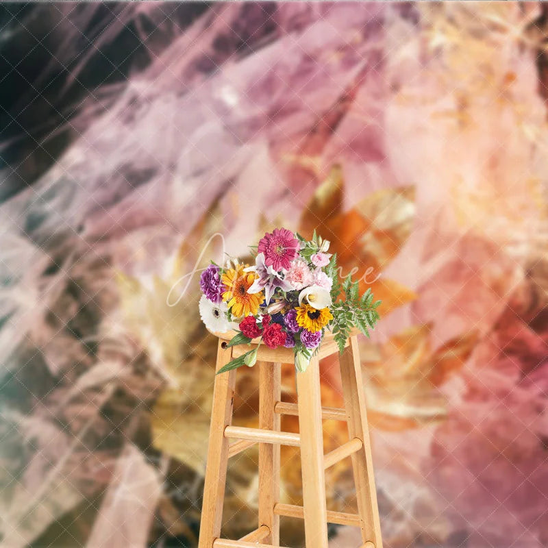 Aperturee - Aperturee Abstract Golden Leaves Photography Backdrop Elegant Teal Pink Gradient Ethereal Texture for Artistic Portraits