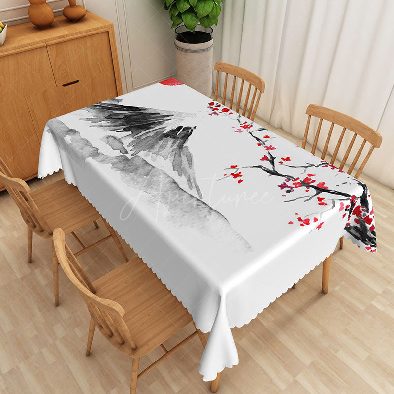 Aperturee - Aperturee Abstract Ink Wash Landscape Rectangle Tablecloth with Floral Accents for Asian Zen Inspired Dining Decor