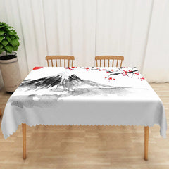 Aperturee - Aperturee Abstract Ink Wash Landscape Rectangle Tablecloth with Floral Accents for Asian Zen Inspired Dining Decor