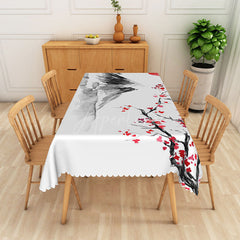 Aperturee - Aperturee Abstract Ink Wash Landscape Rectangle Tablecloth with Floral Accents for Asian Zen Inspired Dining Decor