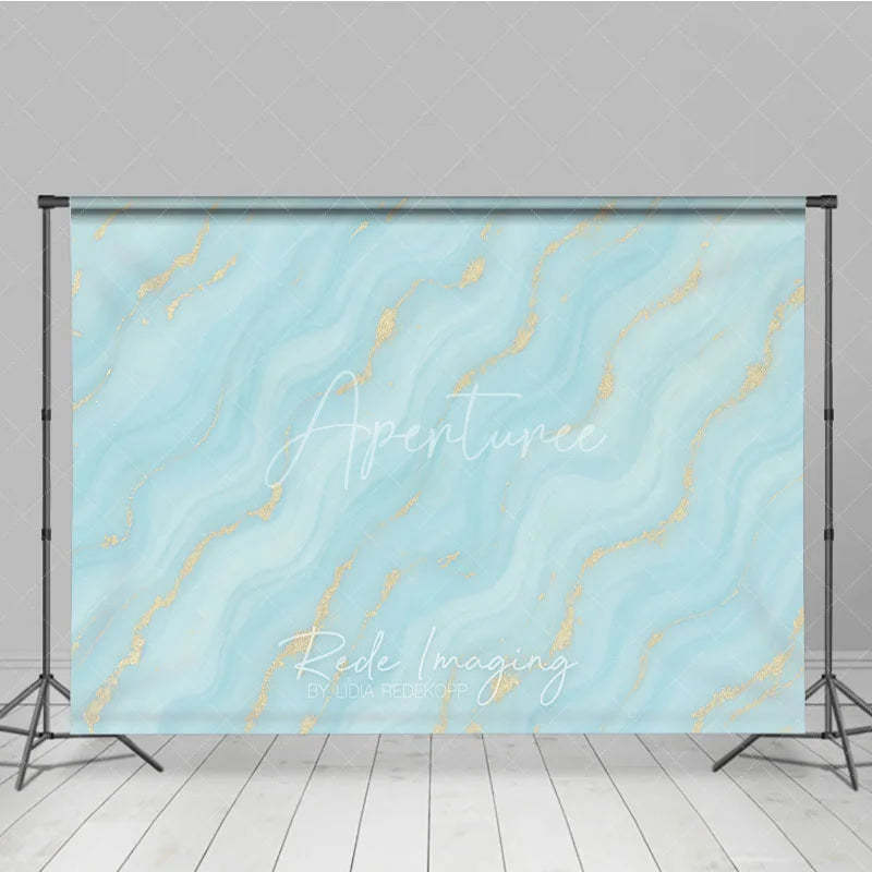 Aperturee - Aperturee Abstract Light Blue and Turquoise Wavy Photography Backdrop with Gold Glitter Elegant Marble Texture