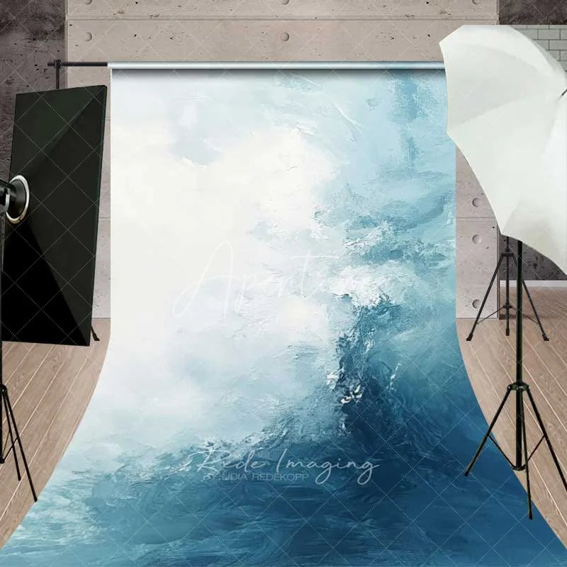 Aperturee - Aperturee Abstract Ocean Wave Texture Backdrop Light Blue and Navy Painted Canvas Photography Background